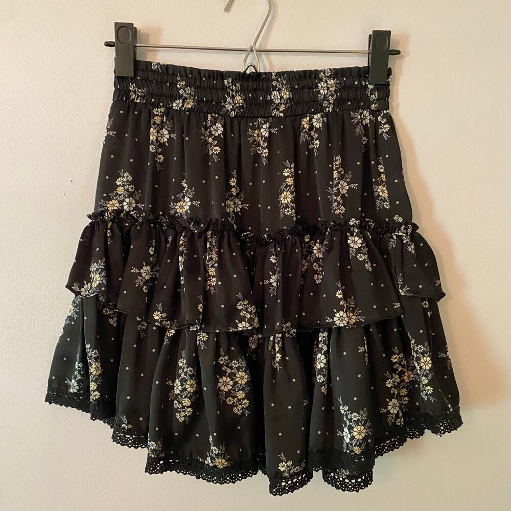 Misa Los Angeles Black Silky Floral Tiered Mini Skirt Fairy Whimsygoth Small